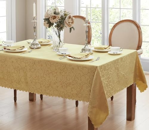 Newbridge Portofino Scalloped Damask Fabric Tablecloth, 60 x 84 Inch Rectangle, Gold, Wrinkle and Stain Resistant Fine Dining Holiday Party Table Cover - Image 6