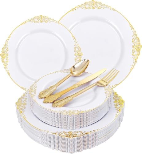 125PCS White and Gold Plastic Plates and Silverware for Wedding by Joyido