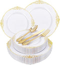 125PCS White and Gold Plastic Plates and Silverware for Wedding by Joyido