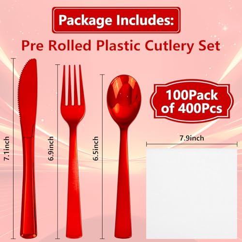 400PCS Pre Rolled Red Plastic Silverware Sets Heavy Duty for Wedding - Image 3