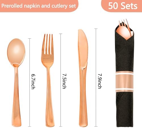 50 Pack Pre Rolled Rose Gold Plastic Silverware Set with Napkins - Image 2