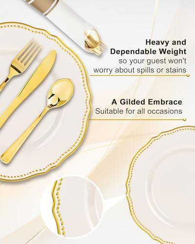 Hioasis 175 Pcs Ivory Gold Plastic Plates Wedding & Party - Image 5