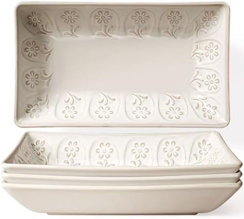 Artena Salad Plates Set of 4, 9.85" Embossed Ceramic Rectangular Appetizer Plates, Deep Lipped Edges, Microwave & Dishwasher Safe, Dessert Sushi Pasta Serving Plates (White, Pinwheel Flower) by Artena