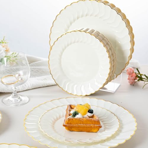 Lullaby 96PCS Ivory Scalloped Plastic Plate with Gold Rim for Party Wedding - Image 6