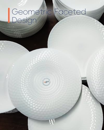 LaGlint 8.5 Inch Flat Salad Plate Set of 6, White Geometric Opal Glass - Image 6