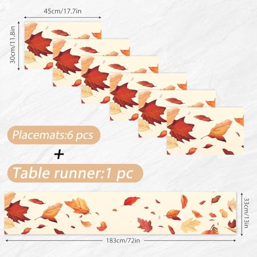 ANNA QUEEN Falling Leaves Table Runner and Placemats Set of 6, 13"x72" Table Runner with 12"x18" Placemats, Thanksgiving Autumn Leaf Dining Set for Holiday Table Decor - Image 3