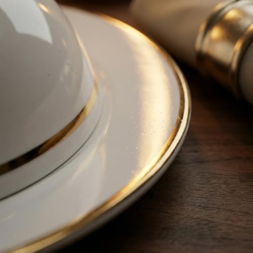 8 Inch White Ceramic Serving Platter with Dome Lid Round Porcelain Dinner Plate for Steak Dessert Appetizer Cloche Food Cover with Gold Rim for Fine Dining Table - Image 6
