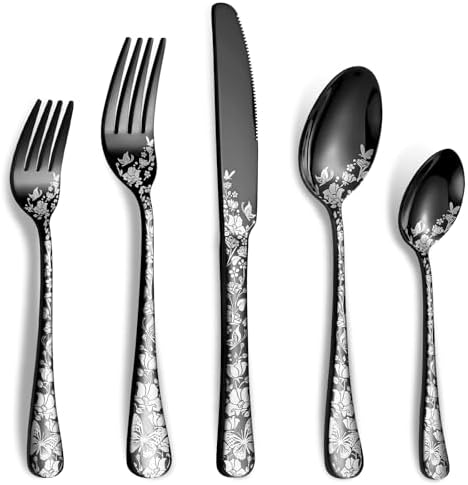 40 Piece Black Silverware Set, Stainless Steel Flatware Cutlery Set Service for 8, Mirror Polished Tableware Eating Utensils Set for Home Kitchen, Include Knife Fork Spoon Set, Dishwasher Safe by Remoxye