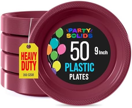 Party Solids Sturdy Burgundy Plastic Plates 9" Party Plates 50 Pcs by Exquisite