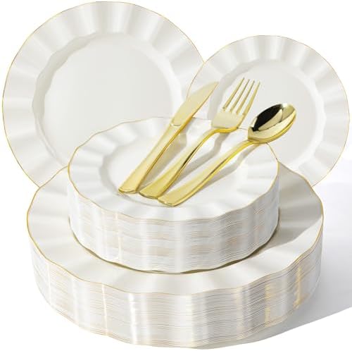 250PCS Ivory Plastic Plates Set, Wavy Plates for Wedding by QualQuot