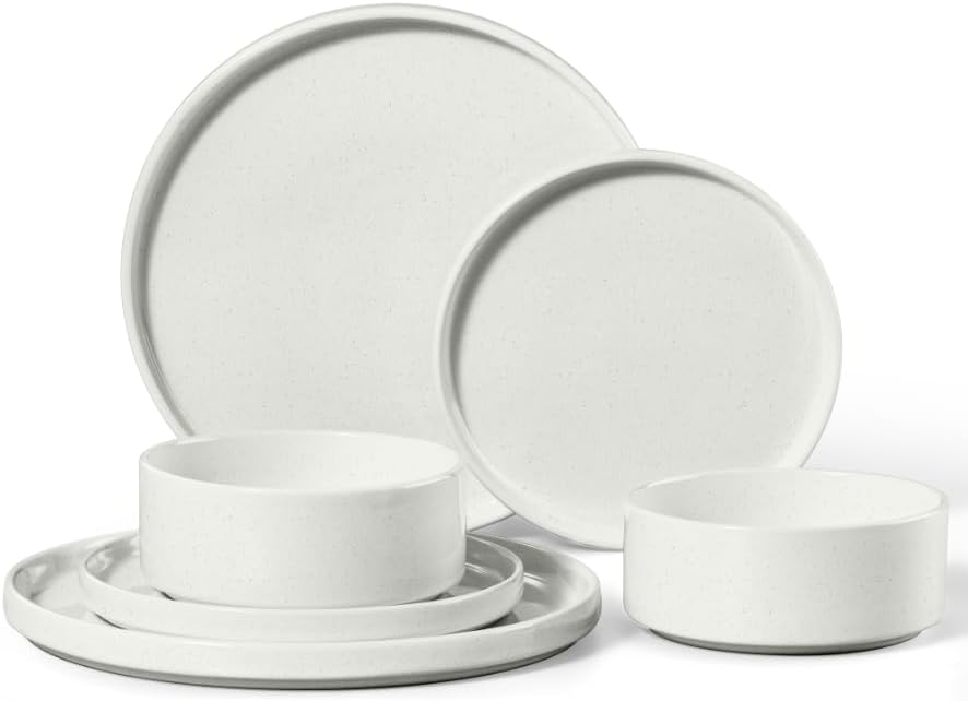 E-far 6-Piece Stoneware Dinnerware Sets, Plates and Bowls Set for 2, White by E-far