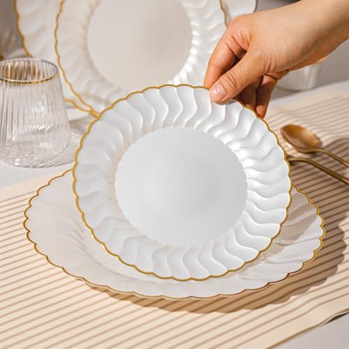 Lullaby 60PCS Pearl White Scalloped Plastic Plates with Gold Rim for Party - Image 6
