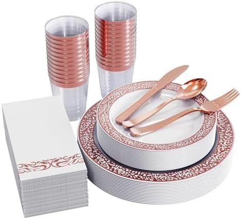 FOCUSLINE 175 Pieces Rose Gold Disposable Dinnerware Set for 25 Guests by FOCUSLINE