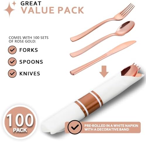 400PCS Pre Rolled Rose Gold Plastic Silverware Heavy Duty for Party - Image 2