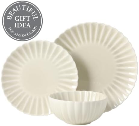 Gibson Elite Peach Orchard 12-Piece New Bone China Dinnerware Set Service for 4, Embossed Fluted Plates and Bowls, Dishwasher and Microwave Safe, Cream White - Image 4
