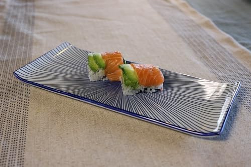 12" Rectangular Plates - Long Serving Trays for Sushi, Pasta, Chips, Appetizer, Cake - Ceramic Rectangle Platter for Party, Restaurant, Banquet (4Pack, Blue Radial) - Image 3