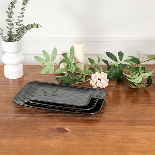 vicrays Ceramic Rectangle Serving Platters - 14" 12" 10" Porcelain Serving Trays Plates for Party BBQ Appetizers Sushi Dessert - Microwave Oven and Dishwasher Safe - Set of 3 Bright Black - Image 3