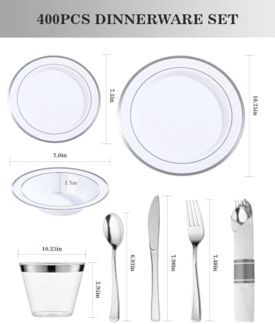 Goodluck 400 Piece Silver Plastic Dinnerware Set for 50 Guests - Image 3