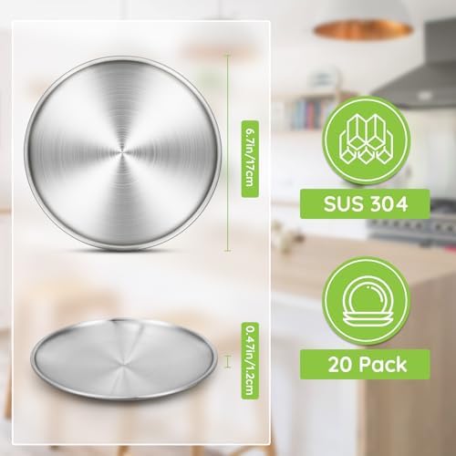 Stainless Steel Plates, 20 Set 6.7 inch 304(18/8) Metal Food Serving Plate, Reusable Snack Eating Dishes Round Shatterproof Silver Dinnerware for BBQ Dinner Oven Dishwasher Safe - Image 2