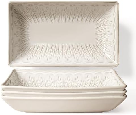 Artena Appetizer Plates Set of 4, 8.25" Embossed Ceramic Rectangular Dessert Plates, Deep Lipped Edges, Microwave & Dishwasher Safe, Salad Sushi Snack Serving Plates (White, Wheat Leaf) by Artena