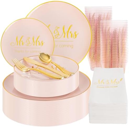 I00000 175 Pcs Pink Wedding Plastic Plates and Disposable Napkins Set by I00000
