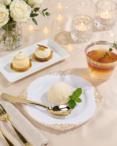 Nervure 600Pcs White and Gold Plastic Plates, Dinnerware Set for 100 Guests - Image 2