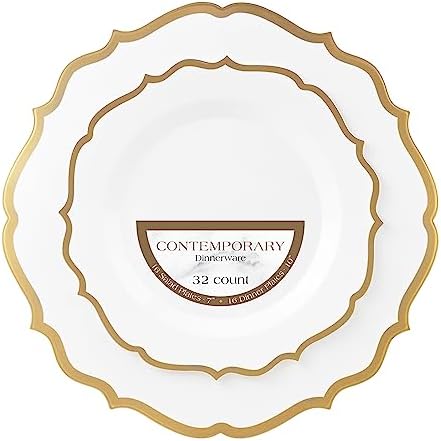 PLASTICPRO 32 Pack Elegant Disposable Plastic Plates Combo Set Includes 16 Dinner Plates and 16 Salad Plates Heavy Duty Fancy Party Plates White & Gold Contemporary Design by PLASTICPRO