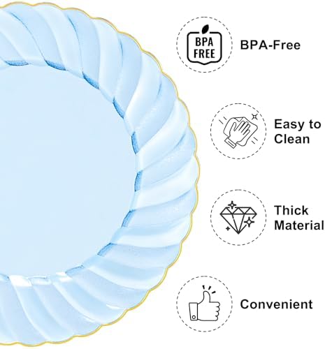 YOUBET 125PCS Clear Blue Gold Plastic Plates - Blue Disposable Plates With Gold Rim Include 25 Dinner Plates 25 Dessert Plates 75 Golden Silverwares for Wedding Birthday & Parties - Image 3