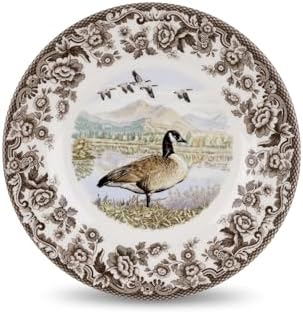 Spode Woodland Canadian Goose Salad Plate - 8" Fine Earthenware with British Flowers Border for Appetizers, Salads, Desserts - Microwave, Oven, Freezer, Dishwasher Safe, Made in England by Spode