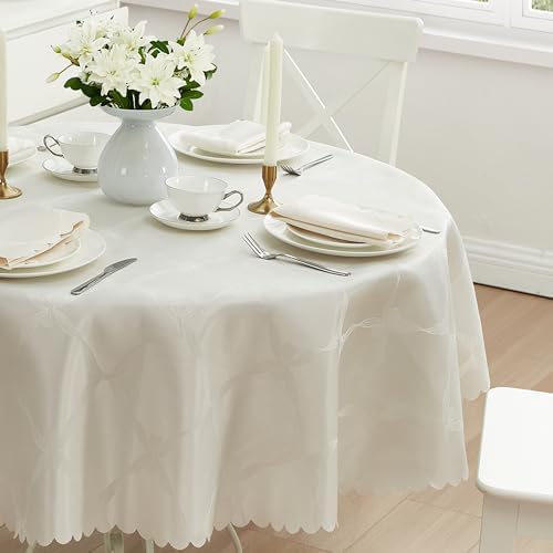 Newbridge Ribbons and Bows Damask Fabric Tablecloth, Ivory, 90 Inch Round, Wrinkle & Stain Resistant Table Cover - Image 6