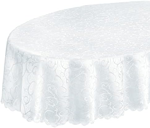 Newbridge Portofino Scalloped Damask Fabric Tablecloth, 60 x 84 Inch Oval, White, Wrinkle and Stain Resistant Fine Dining Holiday Party Table Cover - Image 2