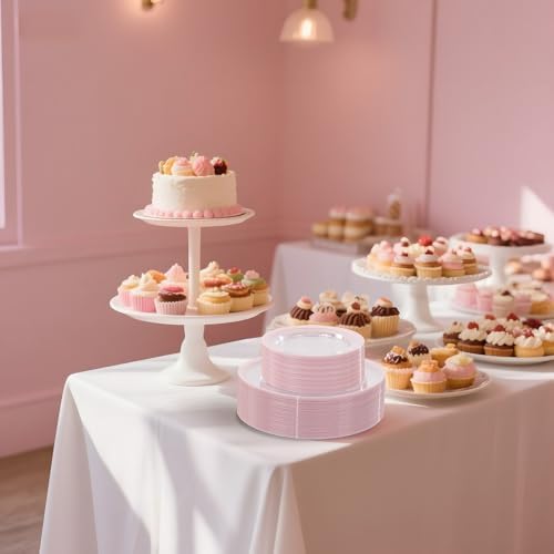 I00000 350 Pcs Clear and Pink Plastic Plates Dinnerware Set for 50 Guests - Image 7