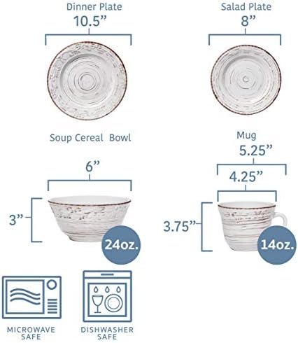 Pfaltzgraff Trellis White 16-Piece Stoneware Dinnerware Set, Service for 4, Distressed White Finish, Microwave & Dishwasher Safe Plates and Bowls - Image 3