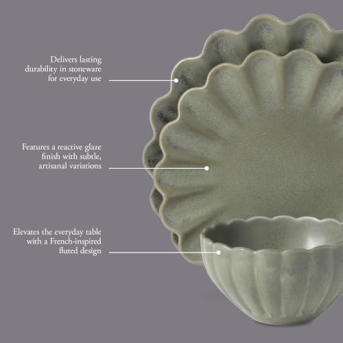 Gibson Elite Bistro Fleur Plates and Bowls Sets, 12-Piece Stoneware Dinnerware Set for 4, Matte Green Scalloped Dish Set with Dinner Plates, Salad Plates & Bowls - Image 3