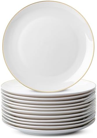 BTaT- White Porcelain Dinner Plates, Set of 12, 10.5" Gold Rimmed, Classic Style, Formal Dining by BrewToATea