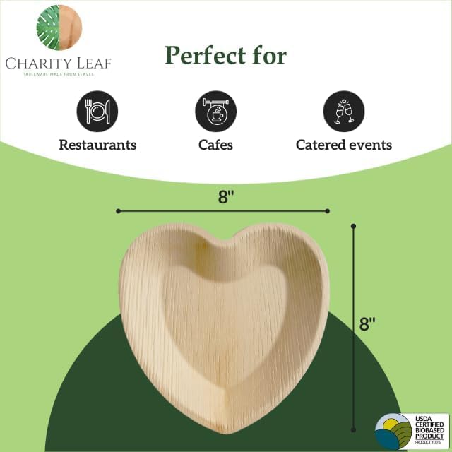 Charity Leaf Disposable Palm Leaf 8" Heart Plates (25 pieces) Bamboo Like Serving Platters, Disposable Boards, Eco-Friendly Dinnerware For Weddings, Catering, Events