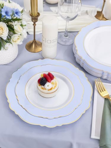 WDF 60pcs Blue Plates Disposable With Gold Rim - Baroque Baby Blue Plastic Party Plates for Wedding/Party/Baby Shower/Spring (Pack of 2) - Image 5