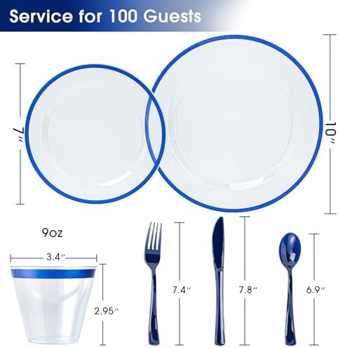 N9R 600PCS Clear Blue Plastic Plates, Disposable Dinnerware Set for Party - Image 2