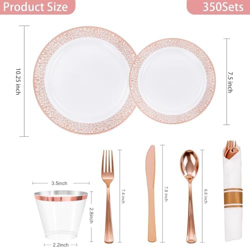 WELLIFE 350 PCS Rose Gold Disposable Dinnerware Set for 50 Guests, Disposable Rose Gold Lace Plates, Include:50 Dinner Plate, 50 Dessert Plates, 50 Pre Rolled Napkins with Silverware and 50 Cups - Image 2