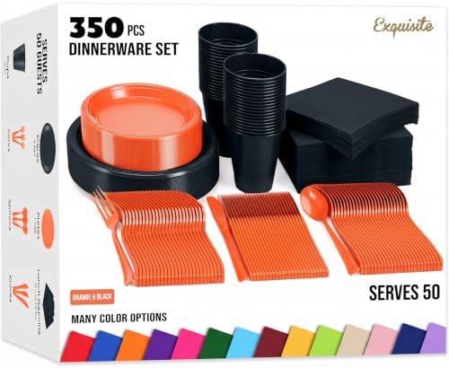 Exquisite 350 Pcs Orange & Black Plates & Napkins Party Plate Set by Exquisite