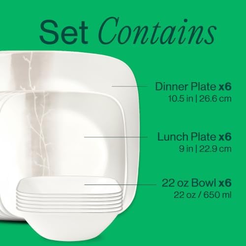 Corelle Vitrelle 18 Piece Glass Dinnerware Sets Rectangular Square Plate and Bowl Set Service for 6, Triple Layer Chip & Crack Resistant Glass Plate and Bowl Sets, Wandering Grove - Image 3