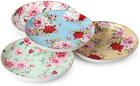 BTaT- Floral Dessert Plates Ceramic, Set of 4, 8 Inch, Assorted Colors with Golden Rim, Deep Porcelain Floral Plates Set of 4, Dishwasher Safe - Image 6