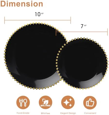 HOMIP 50PCS Disposable Black Plastic Plates with Gold Pearl-Beaded Rim - Image 2