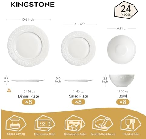 KINGSTONE 24Pcs Vintage Relief White Bone China Set, Service for 8 - Image 2