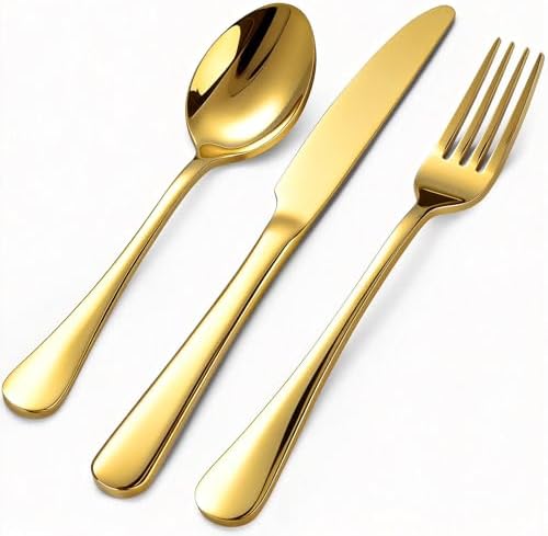 60 Piece Gold Silverware Set for 20, Stainless Steel Forks Spoons and Knives Set, Finish Gold Flatware, Dishwasher Safe for Family Picnics Daily Gatherings by Unknown