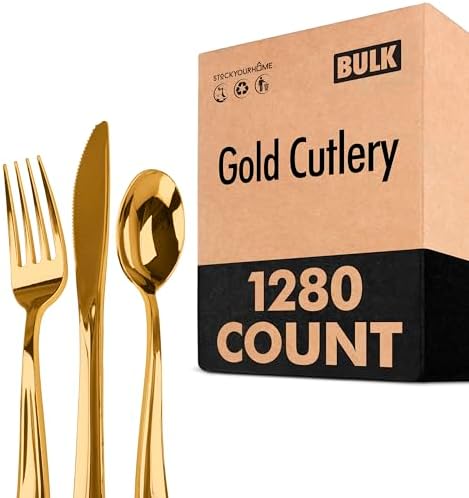 Gold Plastic Silverware Set (1280 Pack) – Includes 640 Forks, 320 Knives, 320 Spoons, Heavy-Duty Disposable Flatware for Parties, Weddings & Events, Stock Your Home by StockYourHome