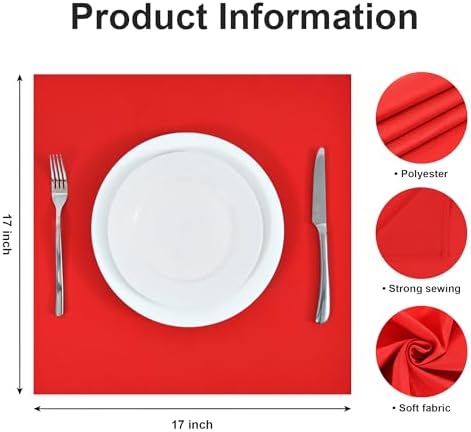 Wolkemer Set of 4 Red Cloth Napkins 17 x 17 Inches Solid Washable Polyester Dinner Napkins with Hemmed Edges for Dinners Parties Weddings Banquets Events Table Decoration - Image 5