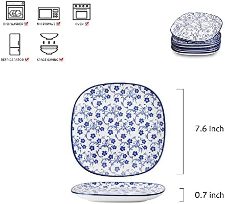 Selamica Porcelain Square Dessert Salad Pasta Plates 7.6 inches ceramic plates set of 6 microwave/dishwasher/oven safe, Vintage Blue - Image 2