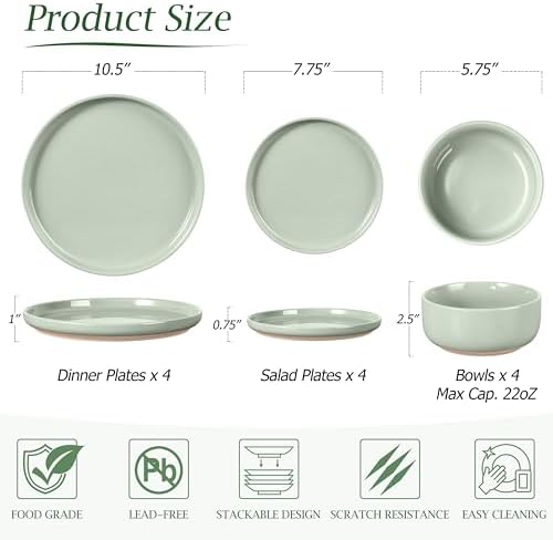 LIANYU Porcelain Dinnerware Set for 4, 12 PC Stoneware Dinner Plates and Bowls, Ceramic Dining Dishes Set for Dessert Salad Pasta, Microwave & Dishwasher Safe, Fog Green - Image 3