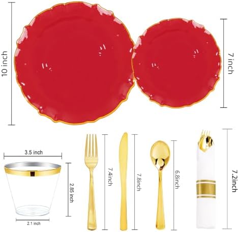bUCLA 175PCS Red Plastic Plates - 25 Guests Gold Rim for Party, Wedding - Image 2